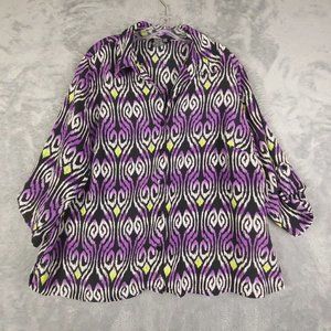 Notations Womens Button Up Shirt Abstract‎ Print 3/4 Sleeve Collar Purple 20W